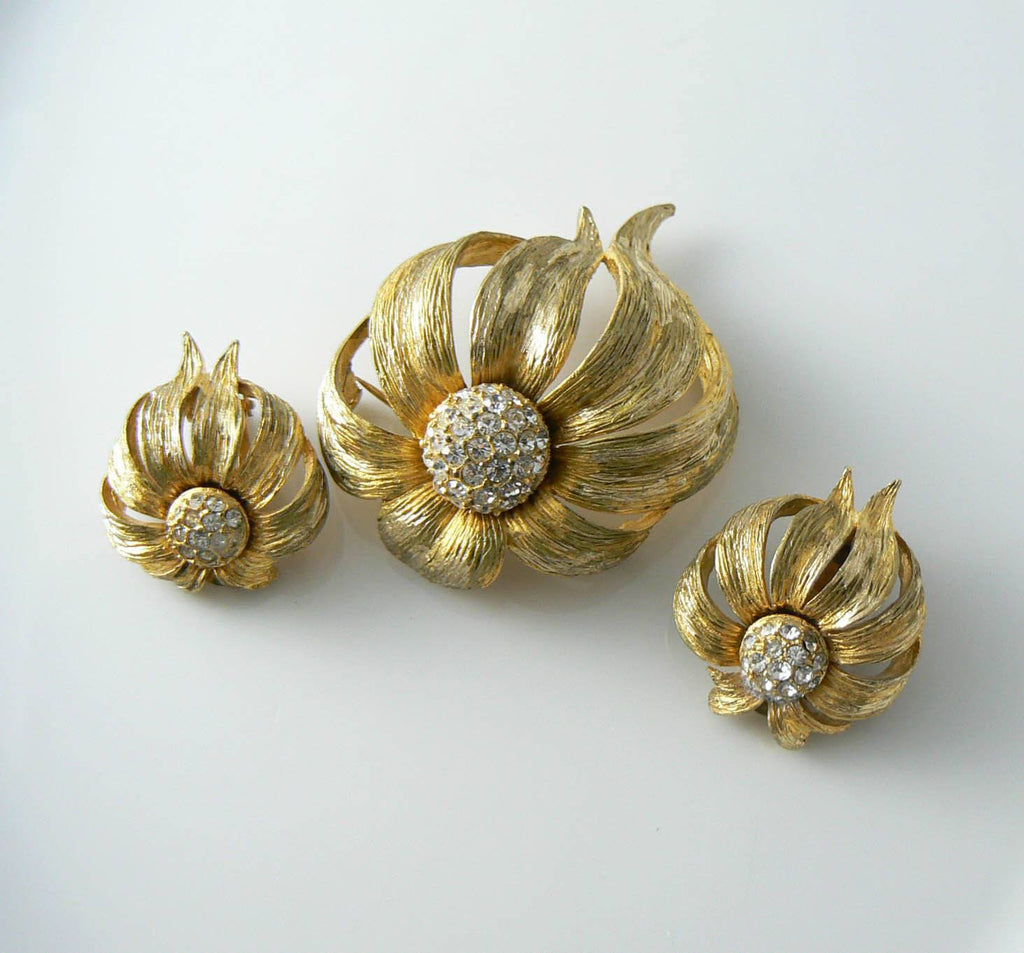 Hattie Carnegie Brushed Gold Rhinestone Cone-flower Demi Parure