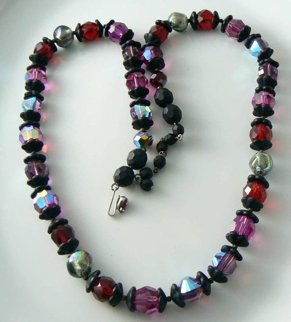 Eugene Single Strand Rhinestone Hot Pink Red Crystal Black Demi - Vintage Lane Jewelry
