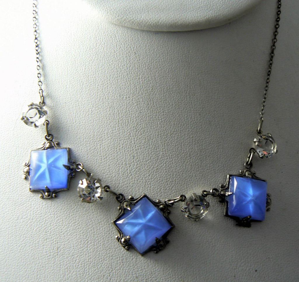 Art Deco Necklace Blue Star Satin Glass And Open Set Crystals