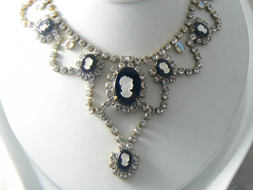 Vintage Czech Black Glass Cameo And Rhinestone Necklace