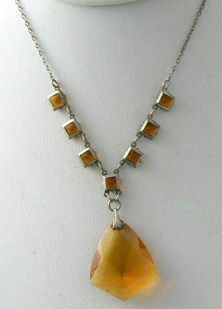 Czech Art Deco Citrine Glass Pendant Necklace - Vintage Lane Jewelry