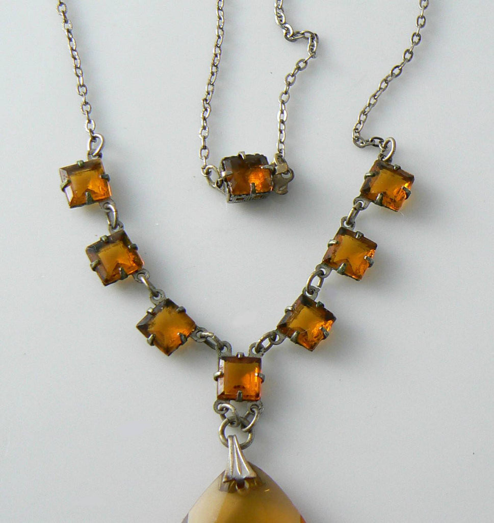 Czech Art Deco Citrine Glass Pendant Necklace - Vintage Lane Jewelry