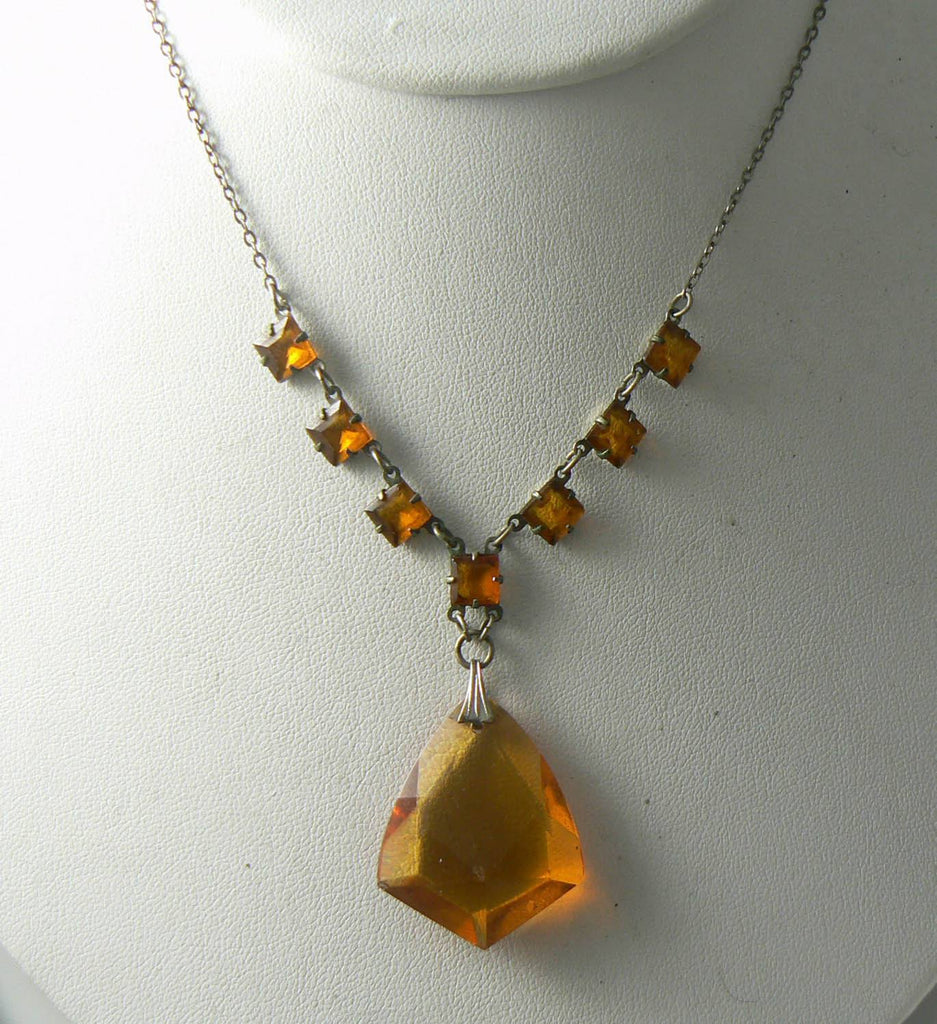 Czech Art Deco Citrine Glass Pendant Necklace