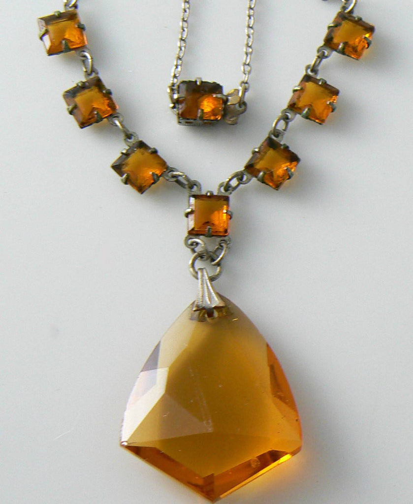 Czech Art Deco Citrine Glass Pendant Necklace - Vintage Lane Jewelry