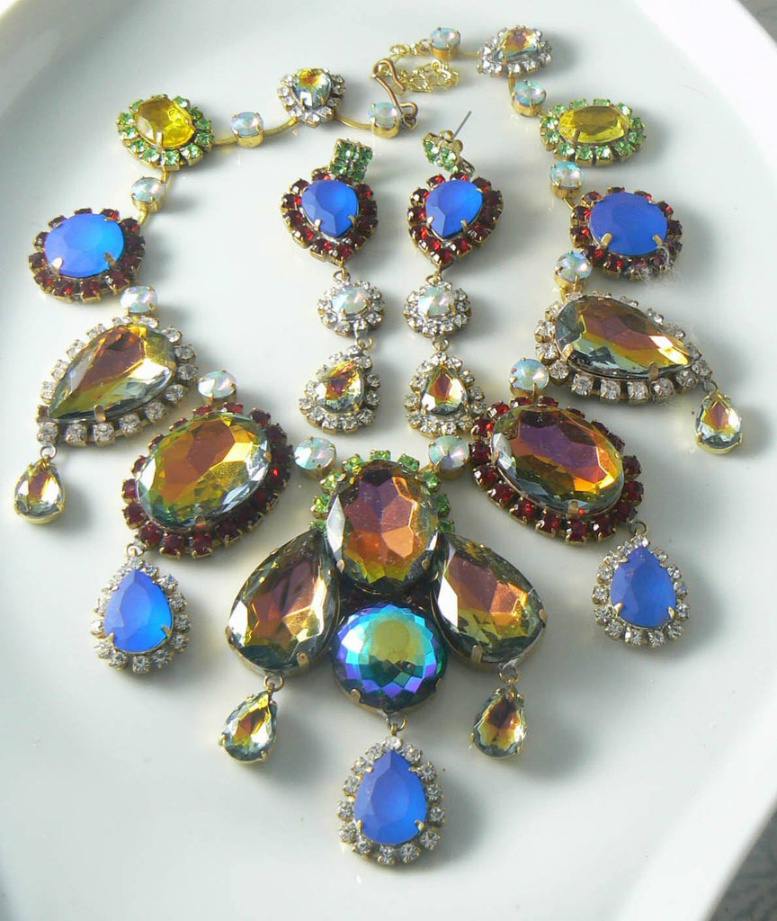 Unusual Czech Glass Neon Ab Necklace Earring Set