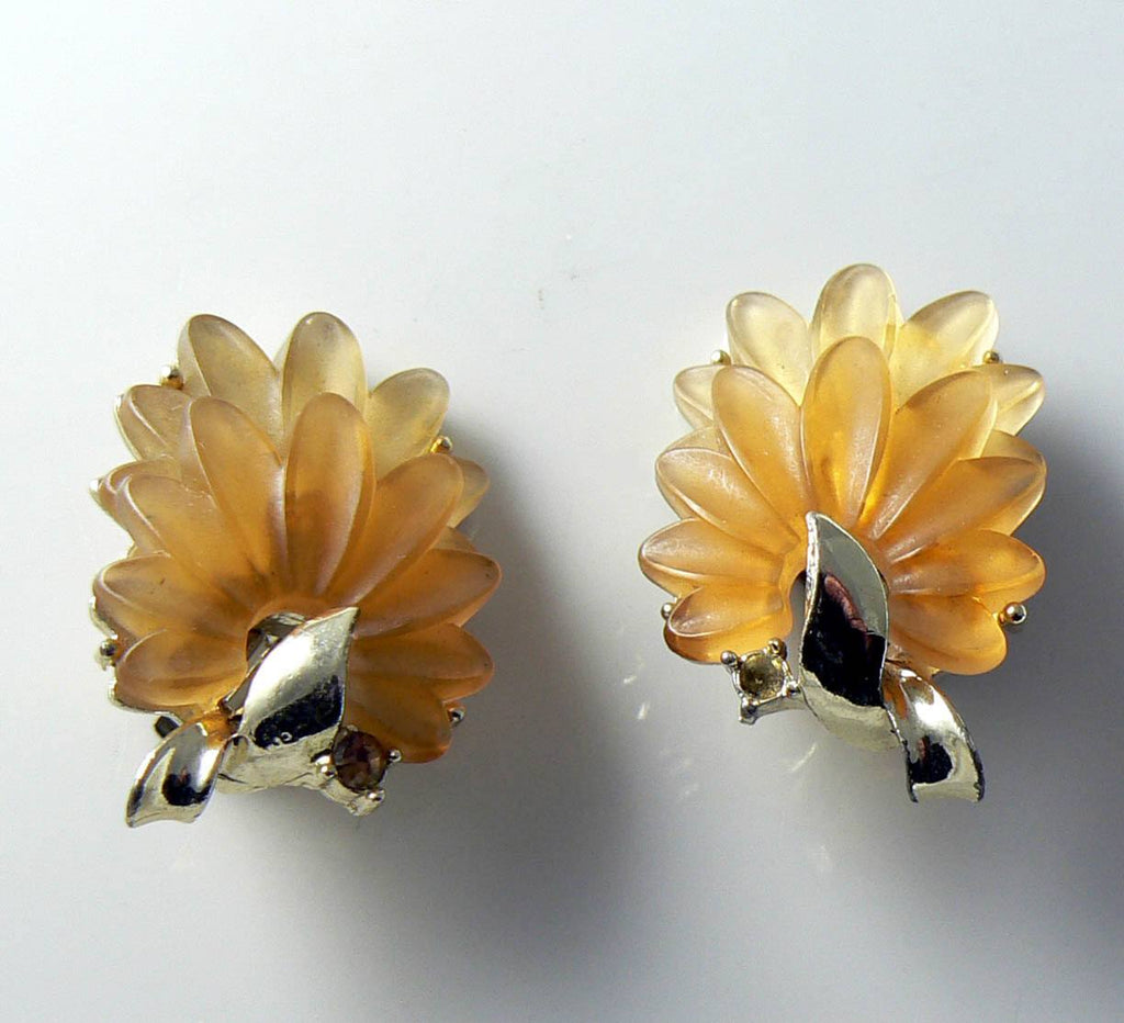 Vintage Topaz Molded Cabochon Flower Earrings