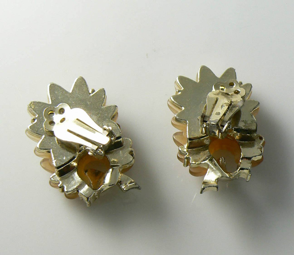 Vintage Topaz Molded Cabochon Flower Earrings - Vintage Lane Jewelry