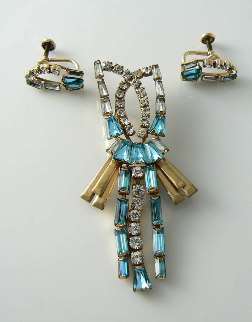 Vintage Blue Rhinestone Necklace Earring Set Gf Signed Phyllis