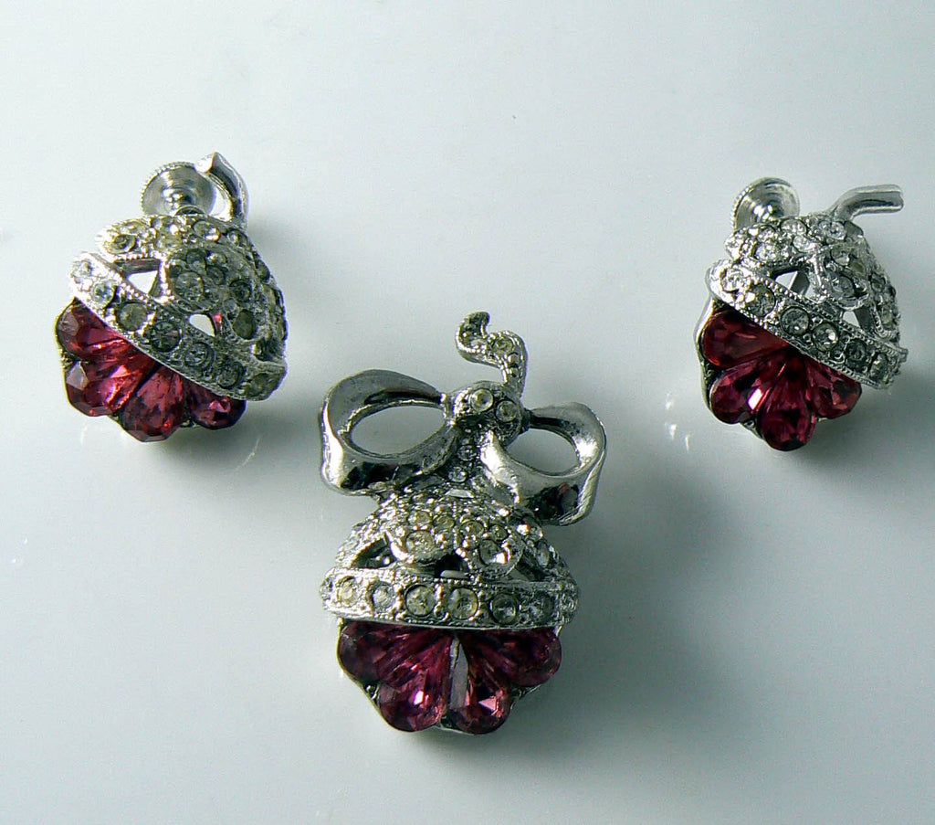 Vintage Pretty Pink Rhinestone Earrings And Pendant