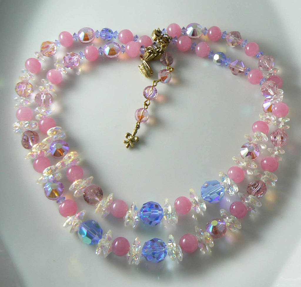 Vintage Vendome 2 Strand Pink, Blue Crystal Necklace