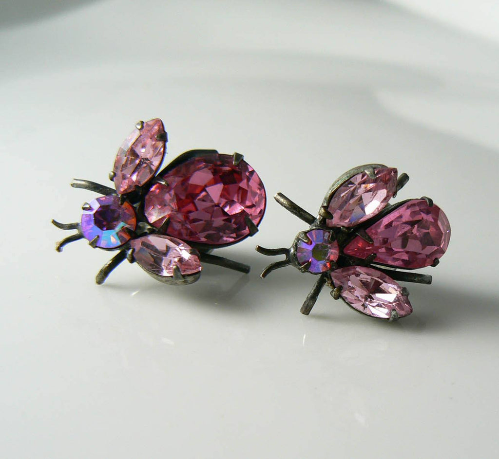 Regency Jewels Pink Ab Rhinestone Insect Pins - Vintage Lane Jewelry