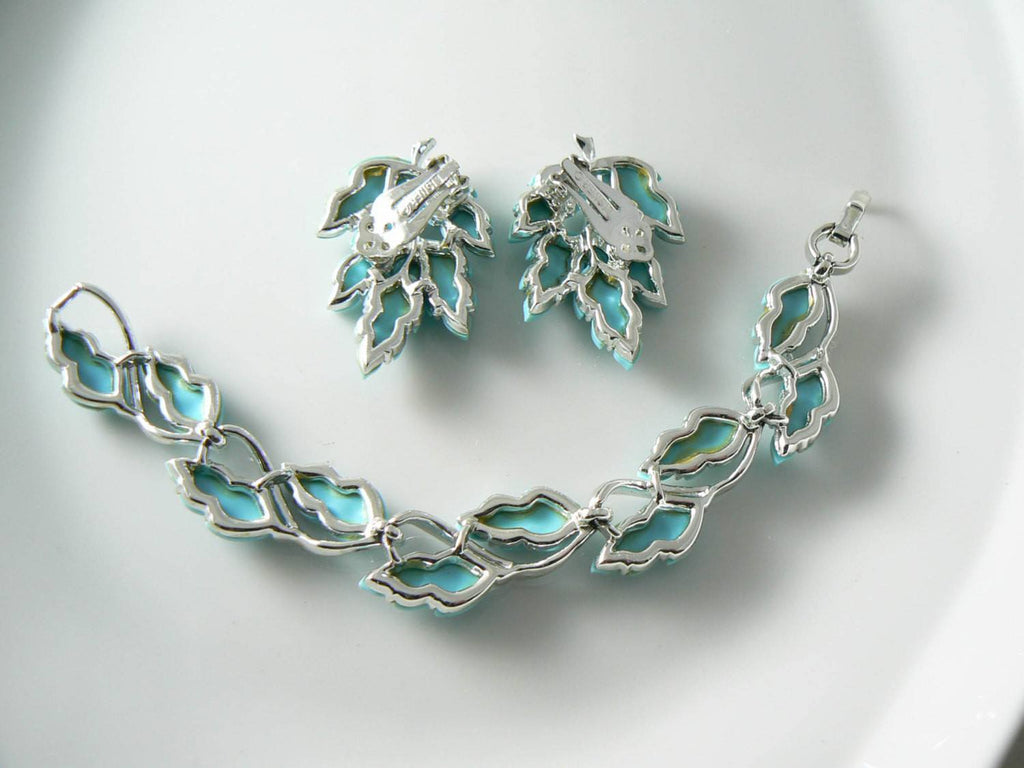 Vintage Lisner Thermoset Blue Leaf Bracelet And Earring Set - Vintage Lane Jewelry