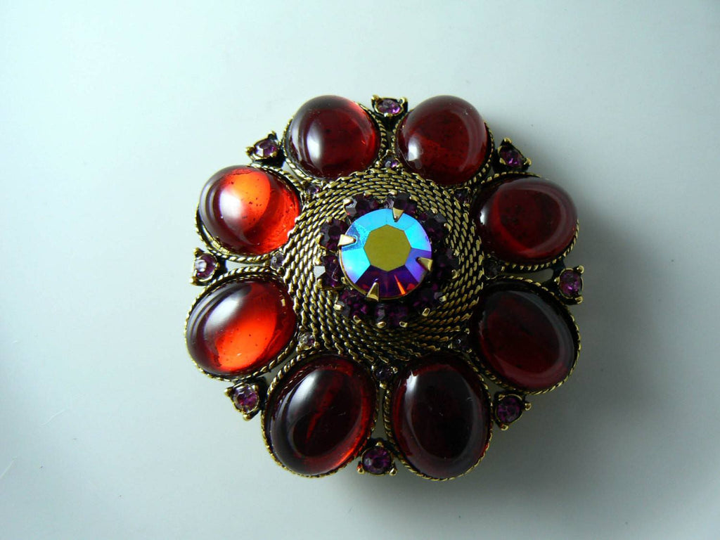 Gorgeous Red Lucite Pink Rhinestone Gold Mesh Demi Parure - Vintage Lane Jewelry