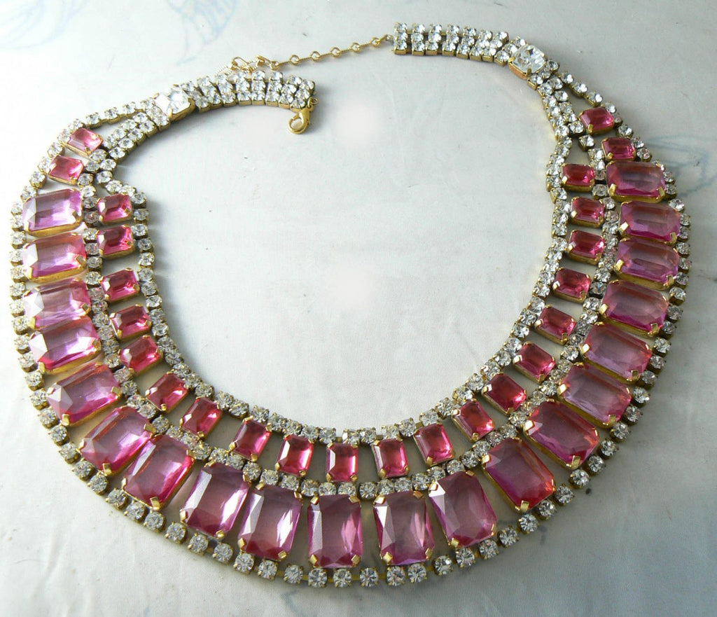 Red and Pink Czech Rhinestone Bib Necklace - Vintage Lane Jewelry