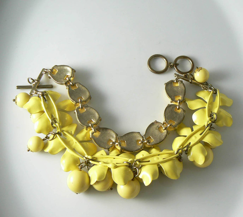Huge Retro Yellow Enamel Flower And Plastic Bead Bracelet - Vintage Lane Jewelry