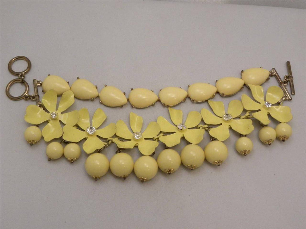 Huge Retro Yellow Enamel Flower And Plastic Bead Bracelet - Vintage Lane Jewelry