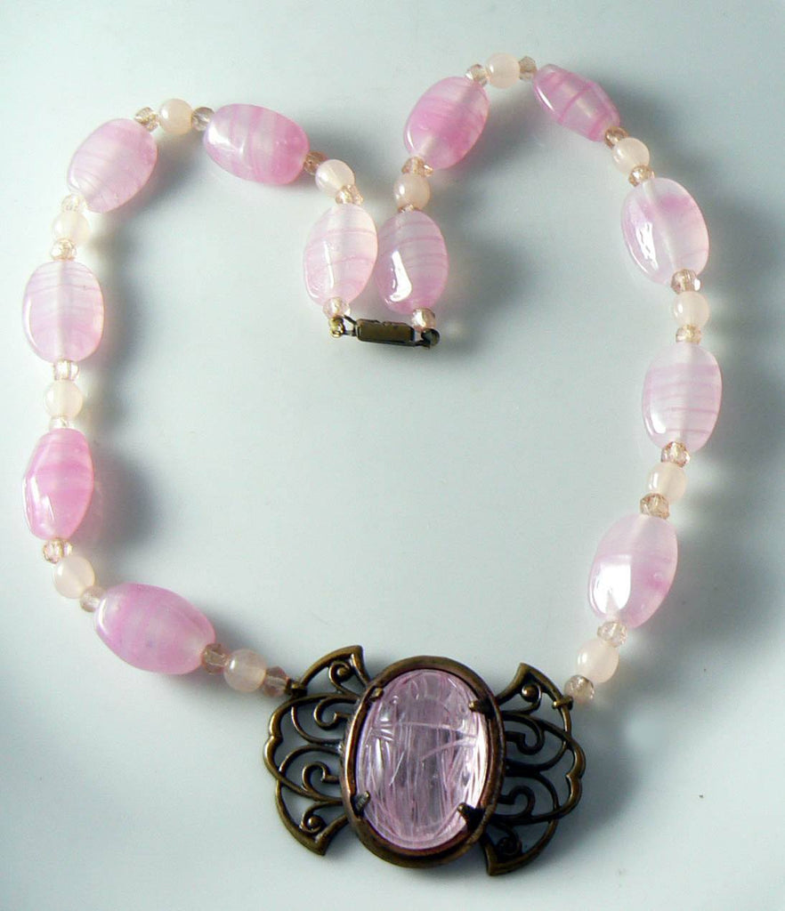 Vintage Art Deco Pink Glass And Scarab Pendant Necklace