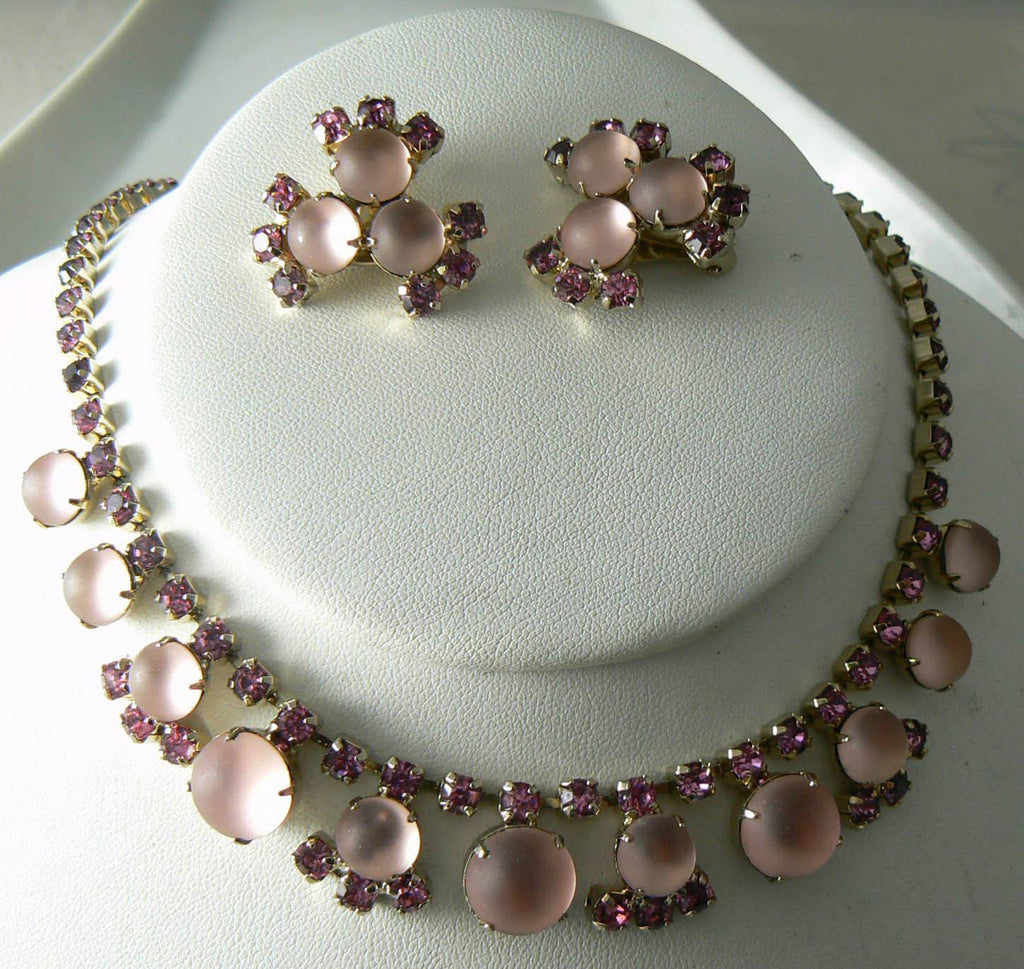 Vintage Necklace Earring Pink Glass Rhinestone Earring Set