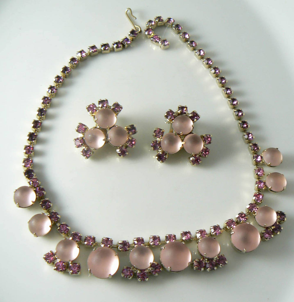 Vintage Necklace Earring Pink Glass Rhinestone Earring Set - Vintage Lane Jewelry