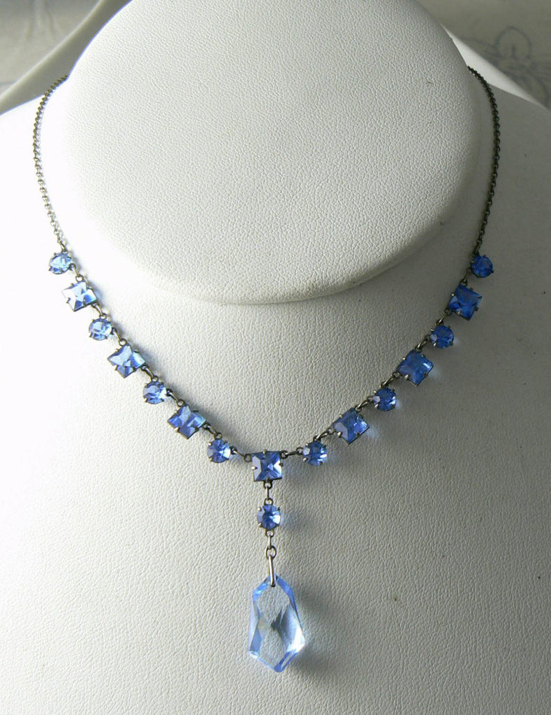 Art Deco Silver Tone Blue Glass Geometric Link Necklace With Pendant