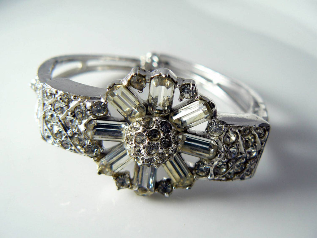Vintage Signed Ledo Rhinestone Baguette Clamper Bracelet