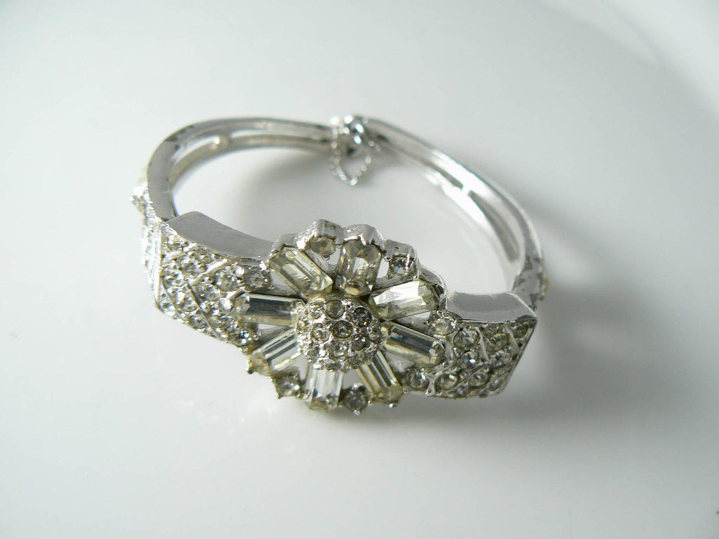 Vintage Signed Ledo Rhinestone Baguette Clamper Bracelet - Vintage Lane Jewelry