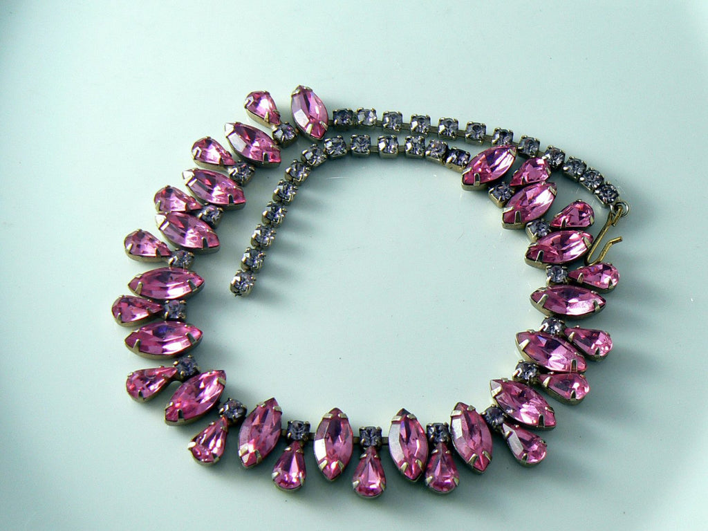 Pretty In Pink Vintage Glass Rhinestone Bib Necklace