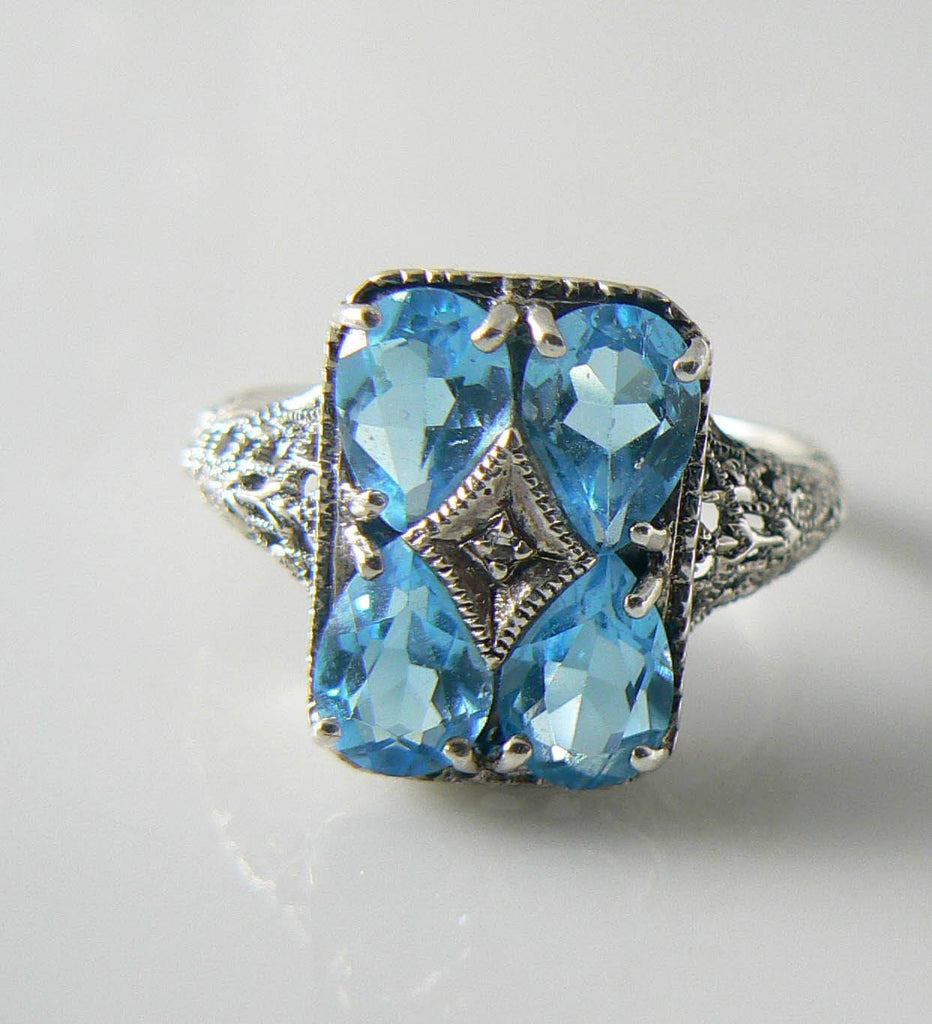 Victorian Sterling Silver Blue Topaz Diamond Filigree Ring