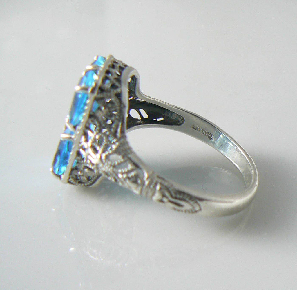Victorian Sterling Silver Blue Topaz Diamond Filigree Ring - Vintage Lane Jewelry