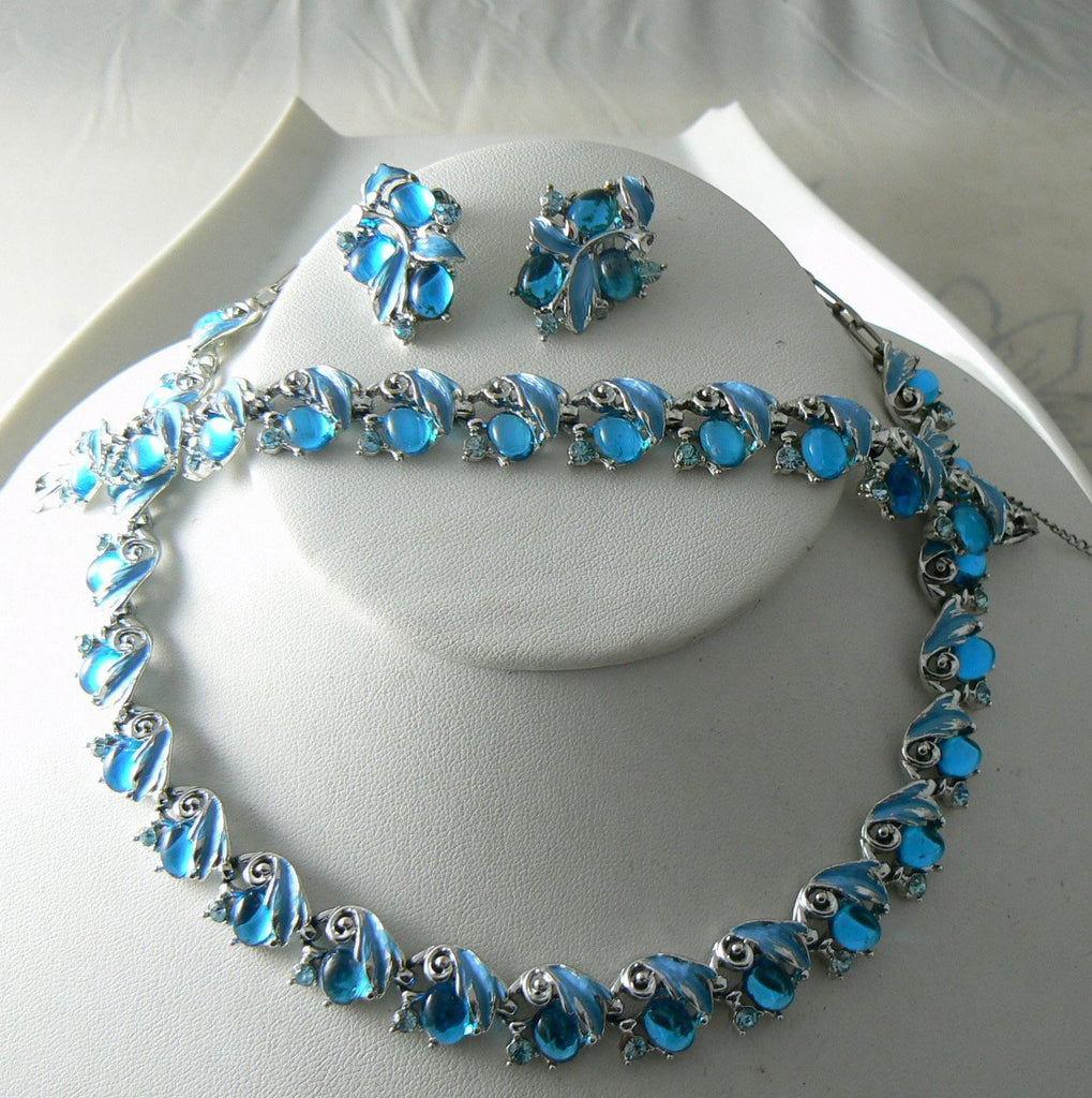 Vintage Aqua Glass Cabs Enamel Leaf Necklace, Bracelet, Earrings Set