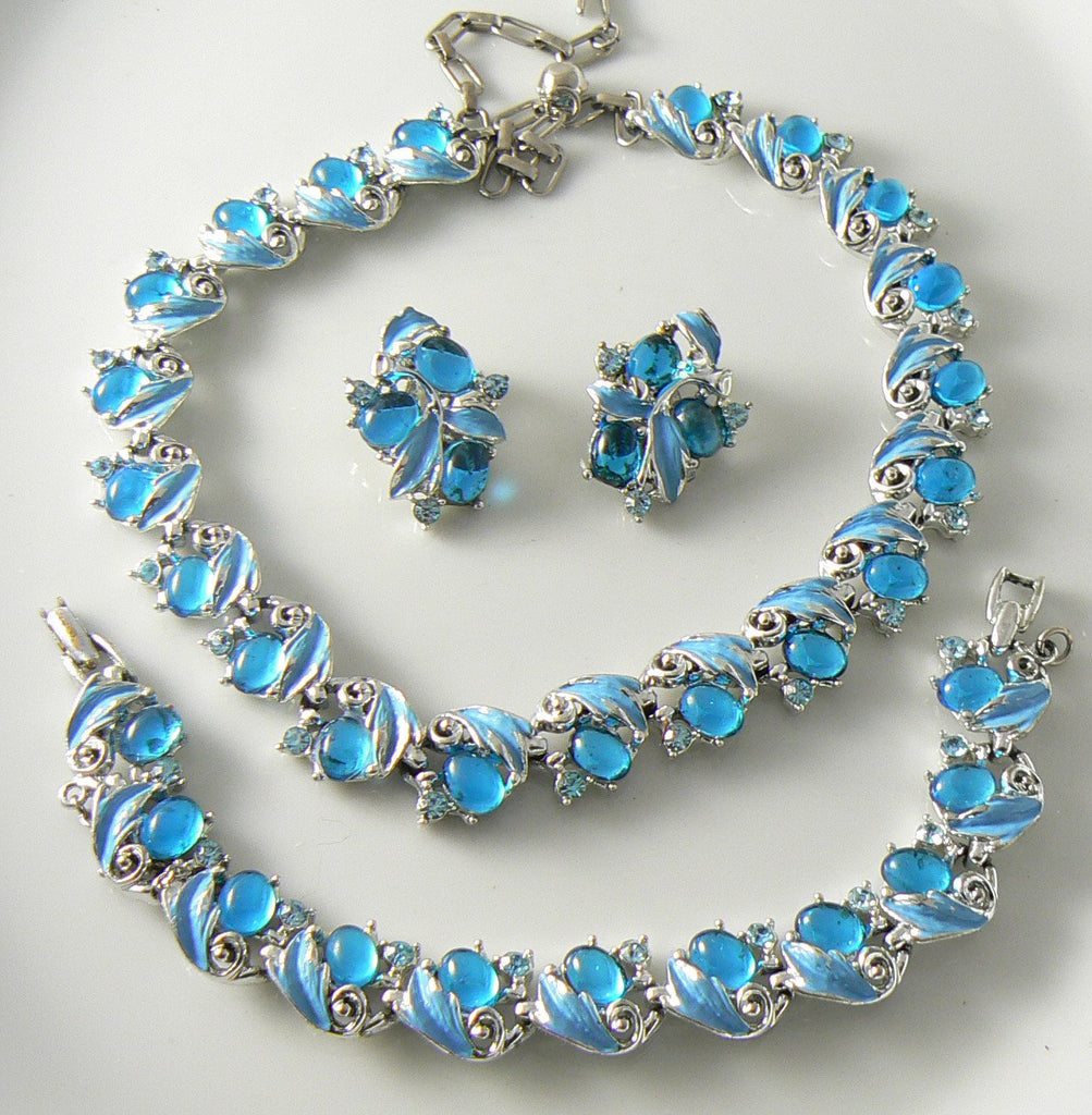 Vintage Aqua Glass Cabs Enamel Leaf Necklace, Bracelet, Earrings Set - Vintage Lane Jewelry