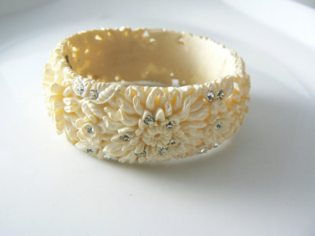 Vintage Creme Celluloid Rhinestone Clamper Bracelet