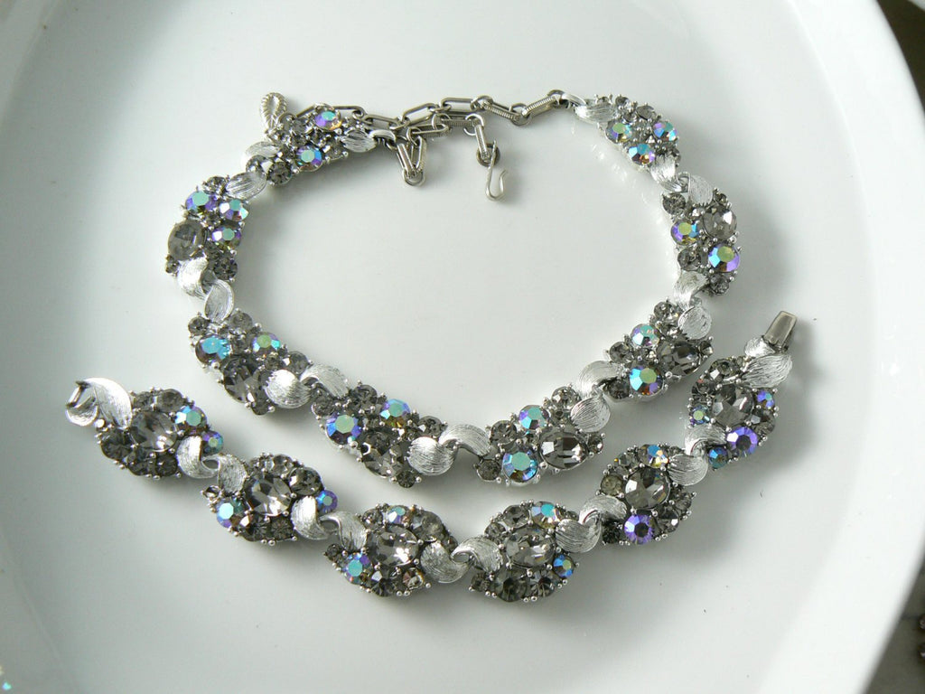 Vintage Lisner Gray Borealis Rhinestone Necklace And Bracelet Set - Vintage Lane Jewelry