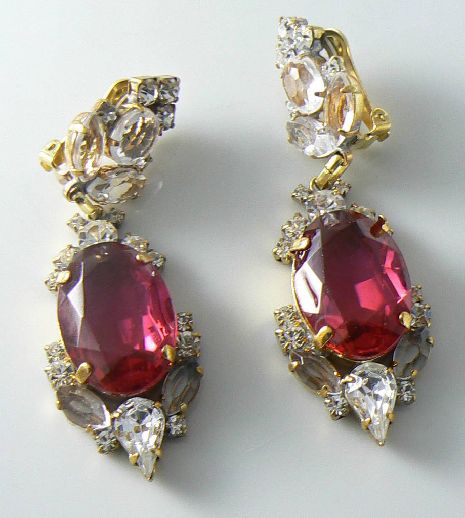Pretty Czech Glass Fuchsia Pink Rhinestone Earrings - Vintage Lane Jewelry