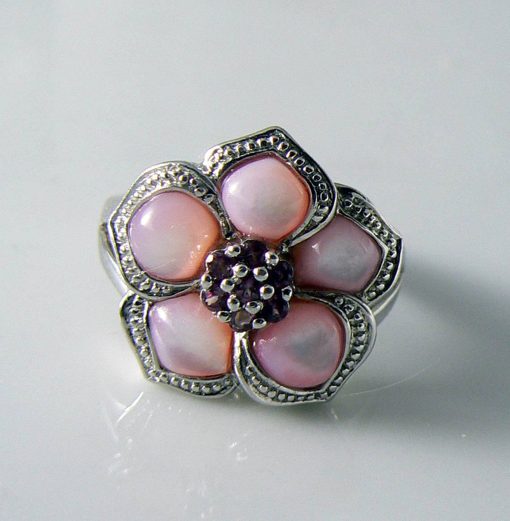 Affinity Sterling Silver Pink Mother Of Pearl Ruby Flower Ring