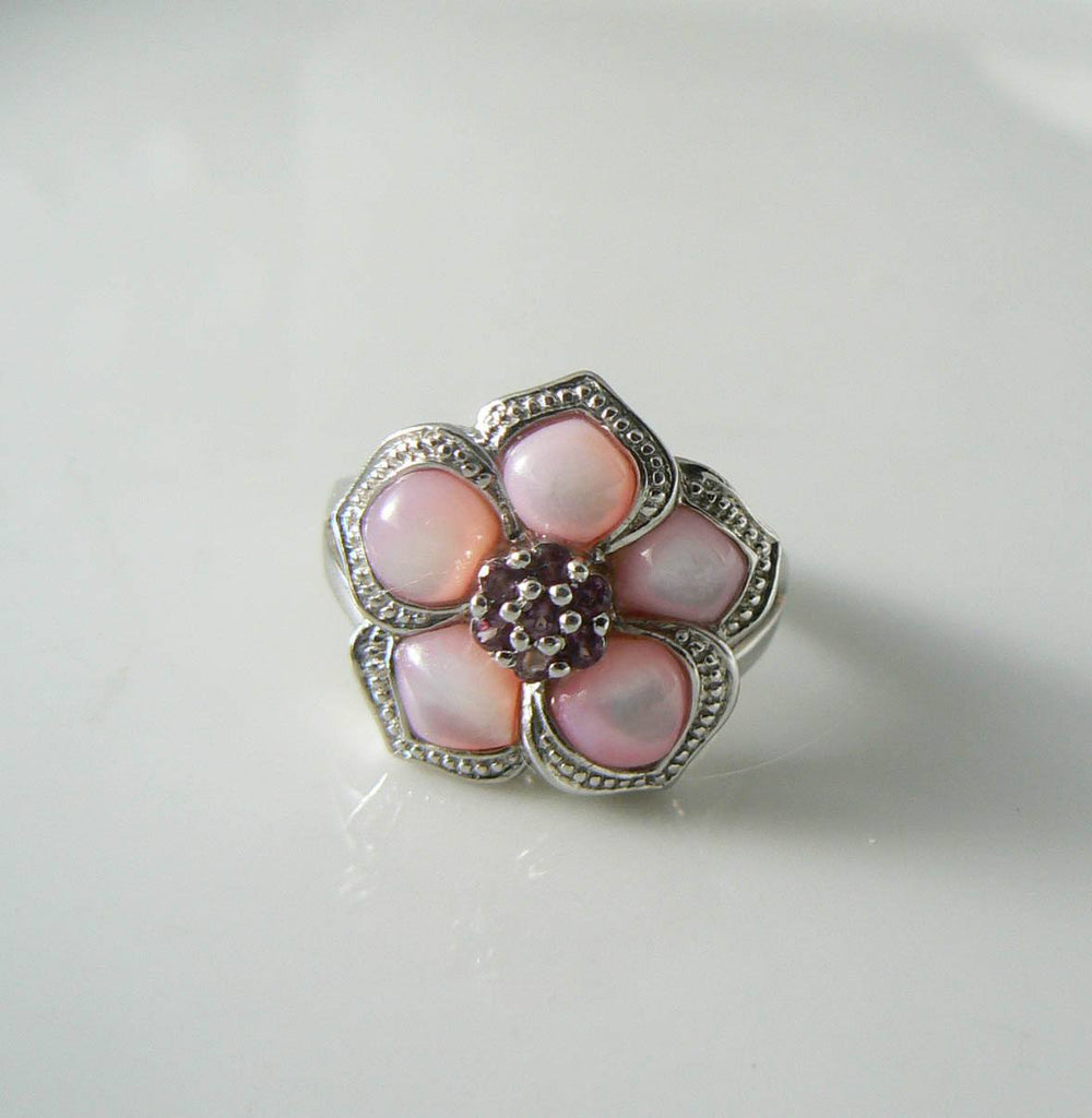 Affinity Sterling Silver Pink Mother Of Pearl Ruby Flower Ring - Vintage Lane Jewelry