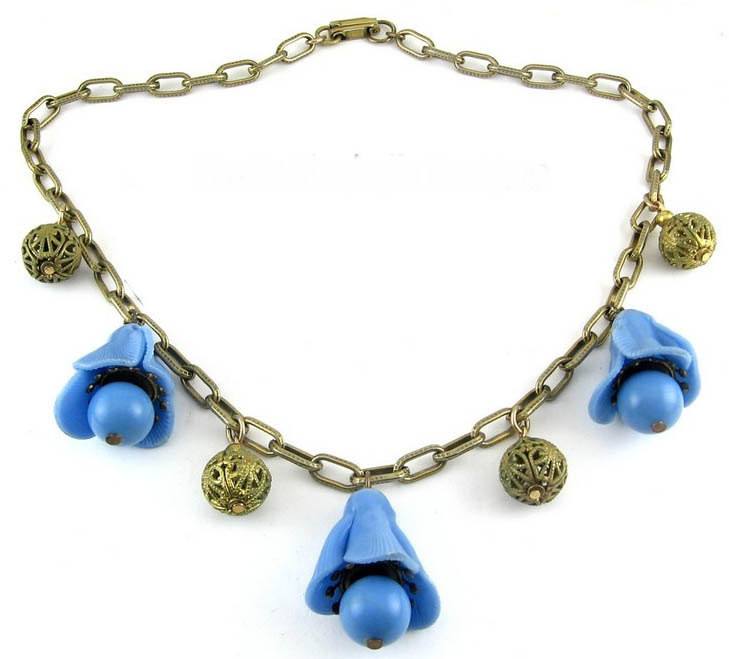 Vintage Plastic Blue Bells Drops & Brass Filigree Beads Necklace