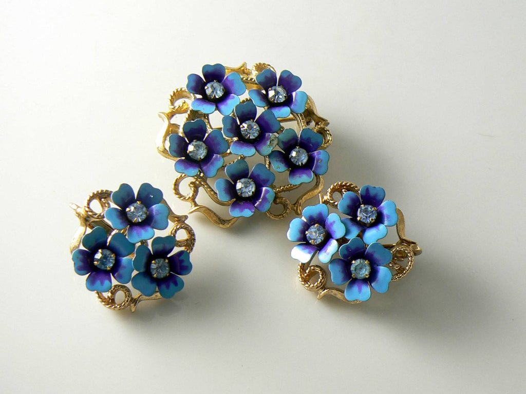 Vintage Avon Blue Enamel Metal Flowers Brooch Earrings