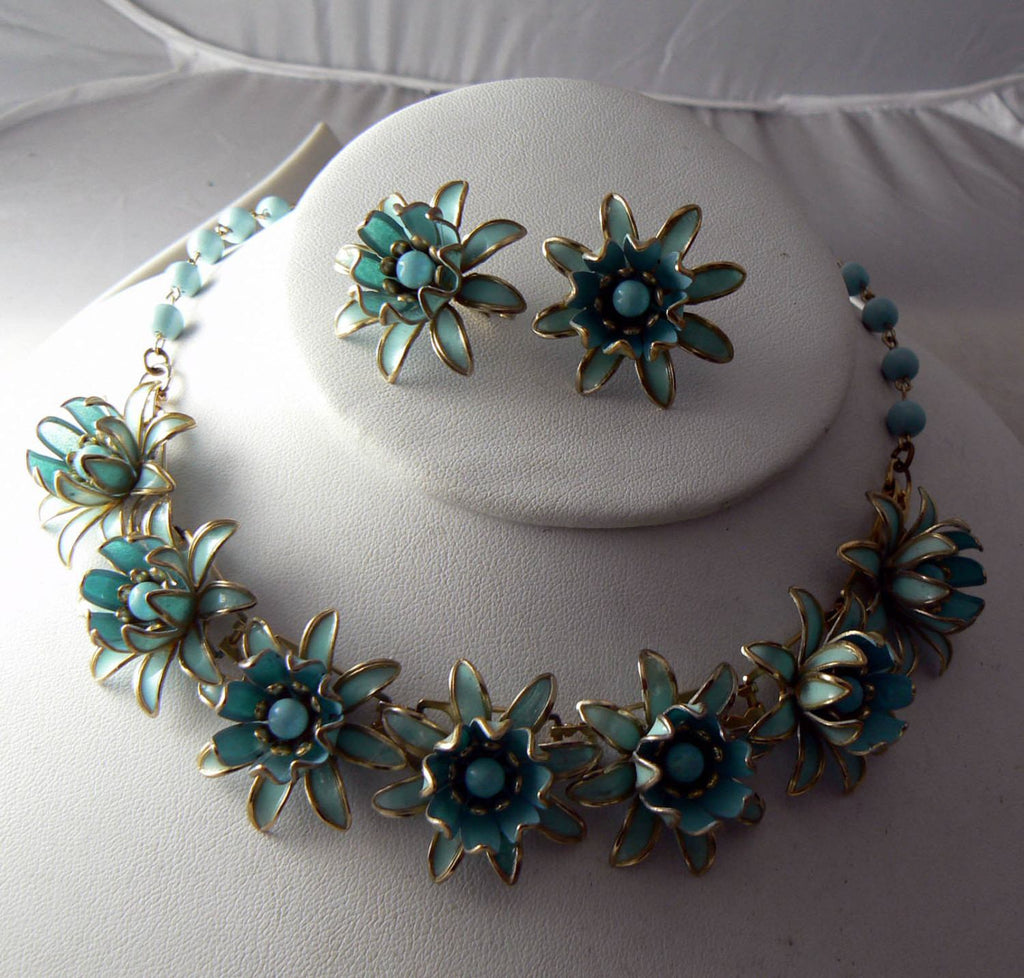 Vintage Estate Robin Egg Blue Enamel Flower Demi Parure Necklace Set - Vintage Lane Jewelry