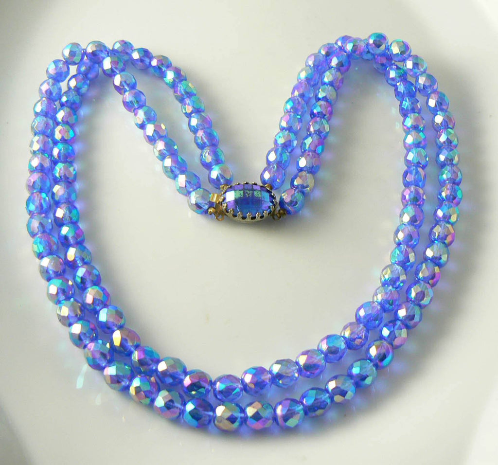 Vintage Double Strand Blue Iridescent Crystal Necklace