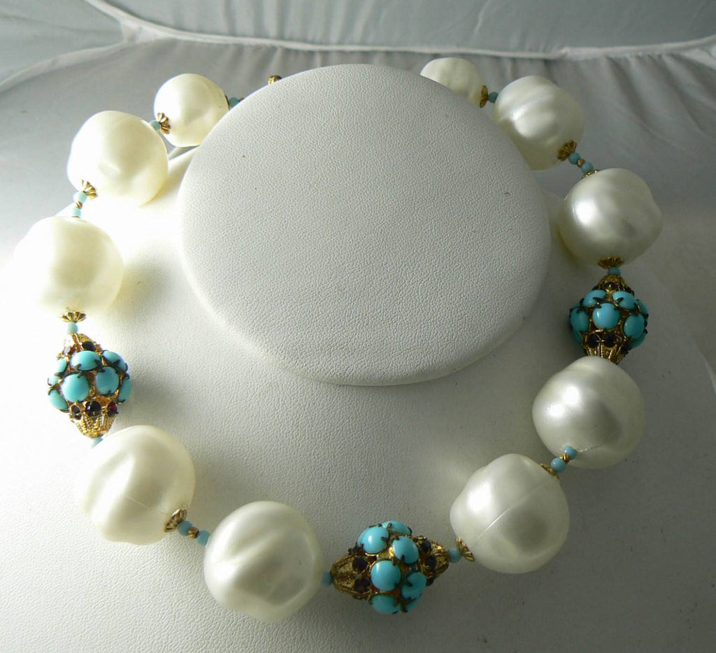 Marvelous Marvella Chunky Faux Pearl, Turquoise, And Rhinestone Necklace