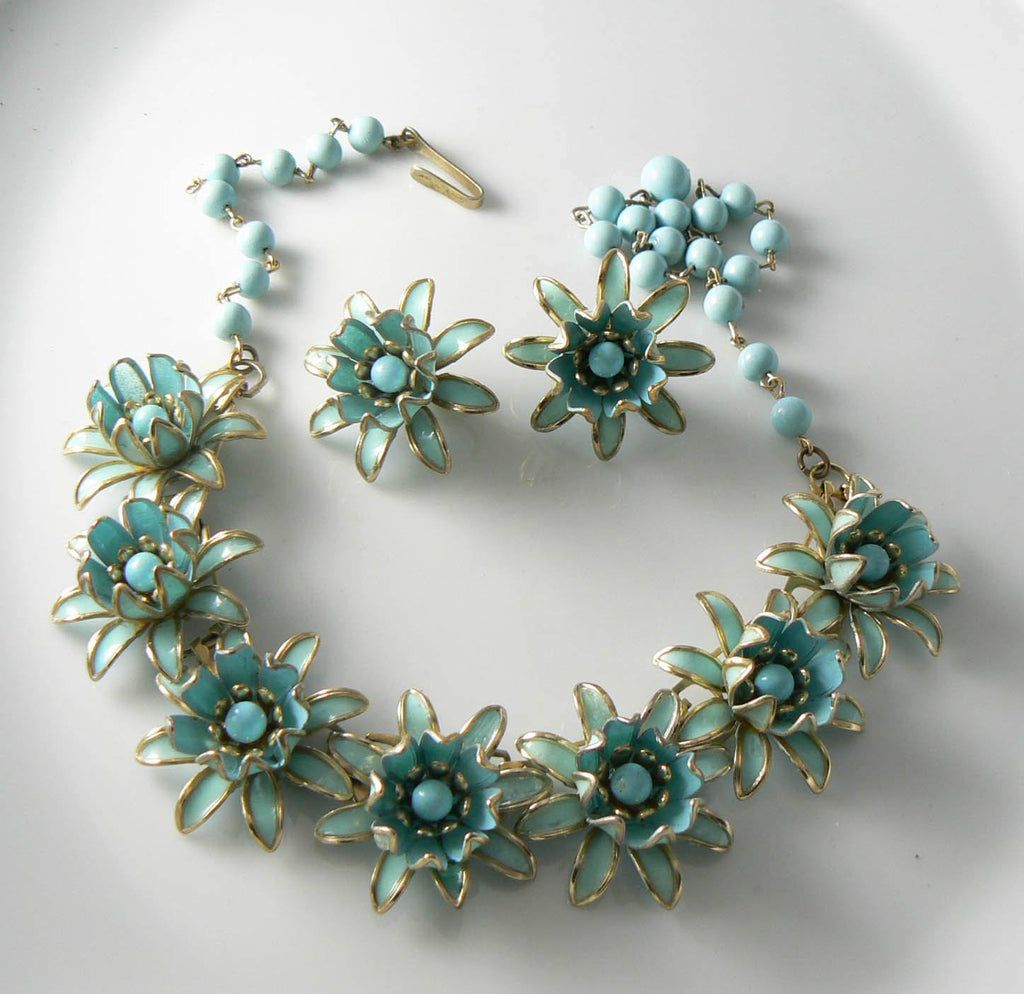 Vintage Estate Robin Egg Blue Enamel Flower Demi Parure Necklace Set