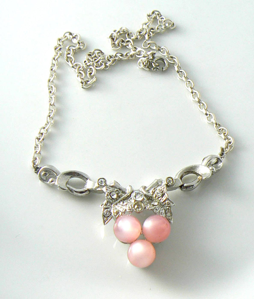 1940's Coro Pink Moonglow Grapes & Rhinestones Pendant Necklace