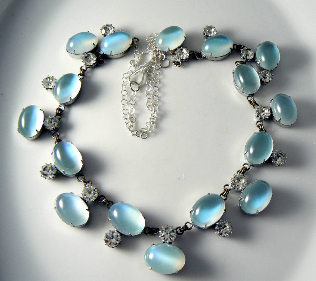 Beautiful Light Blue Glass Cabochon And Rhinestone Necklace