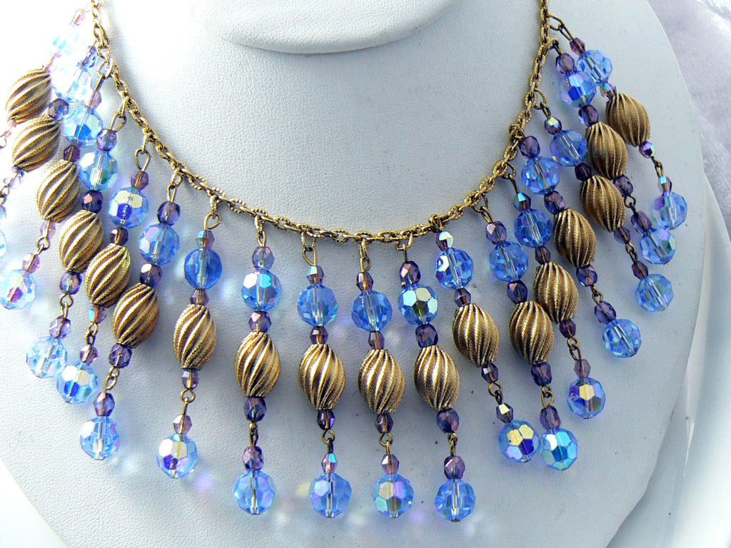 Beautiful Dangling Blue Glass Crystal Vintage Festoon Necklace - Vintage Lane Jewelry