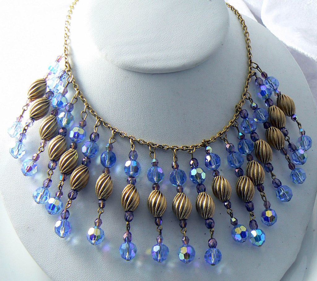 Beautiful Dangling Blue Glass Crystal Vintage Festoon Necklace - Vintage Lane Jewelry