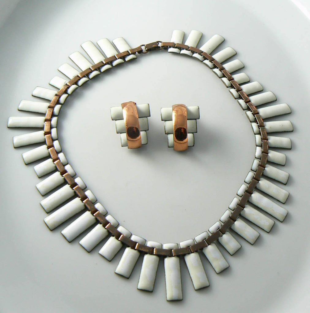 Matisse Copper White Enamel Modernist Necklace Earring Set