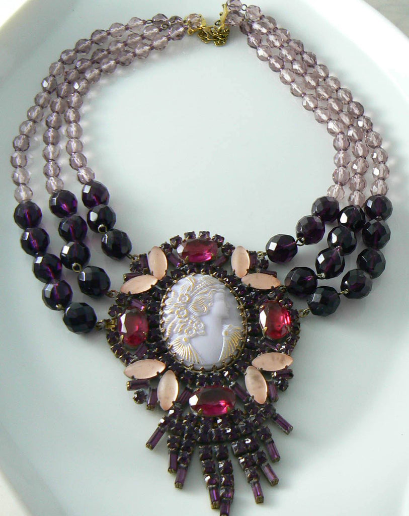 Vintage Czech Glass Beaded Cameo Necklace