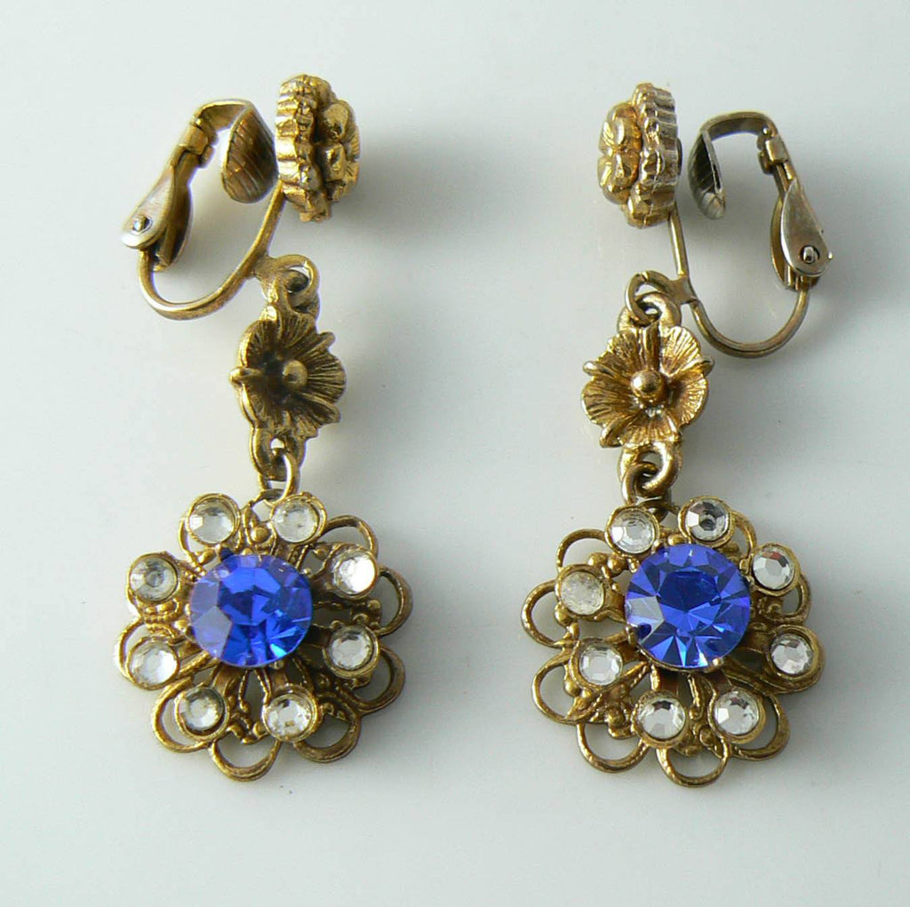 Vintage Dangling Sapphire-blue Rhinestone Flower Earrings