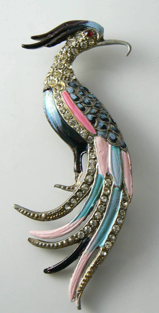 Art Deco Bird Of Paradise Enamel, Rhinestone, Pot Metal Brooch - Vintage Lane Jewelry